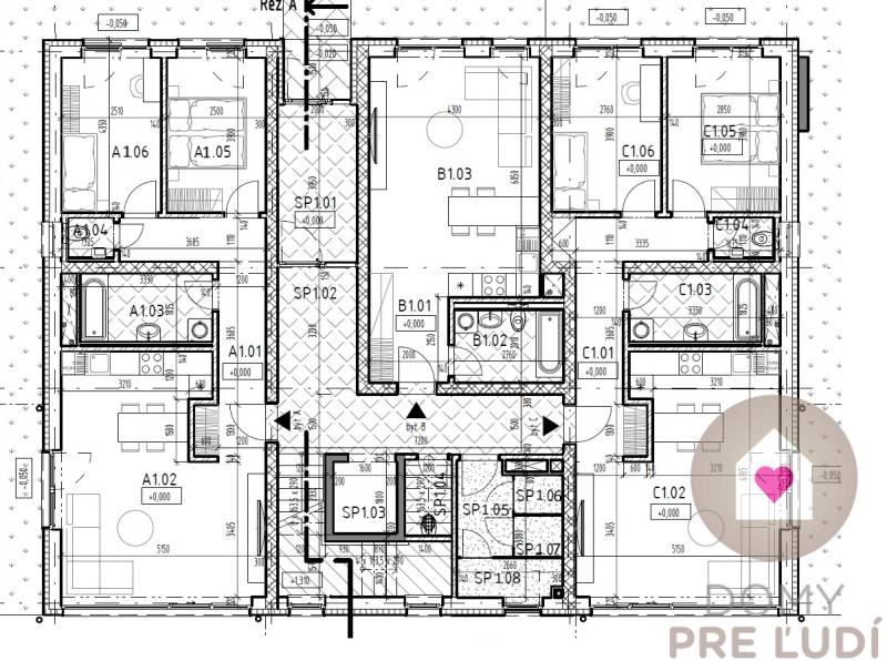 Floor plans of multiple apartments with various layouts and amenities in a residential building.