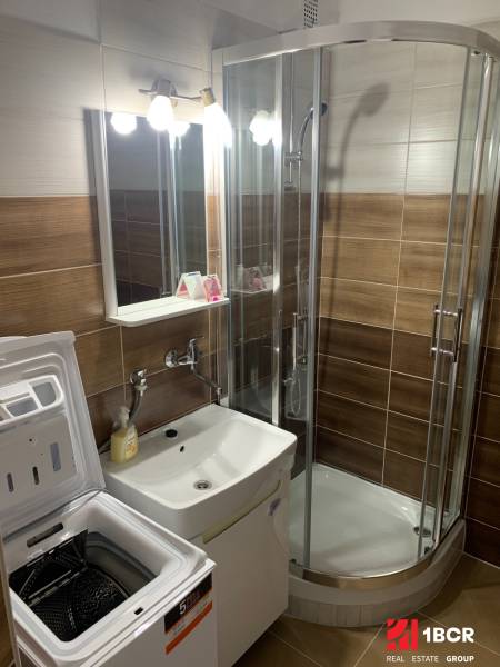 Bathroom with a shower and a washing machine in a 2-room apartment, brown tiles, sink and mirror.
