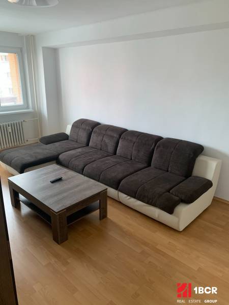 A sofa with a coffee table and a wooden decor floor in a 2-room apartment.