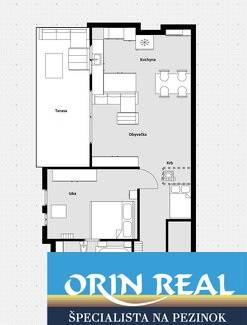 Floor plan of a 2-room apartment with a terrace and the designation of a verified real estate agency.
