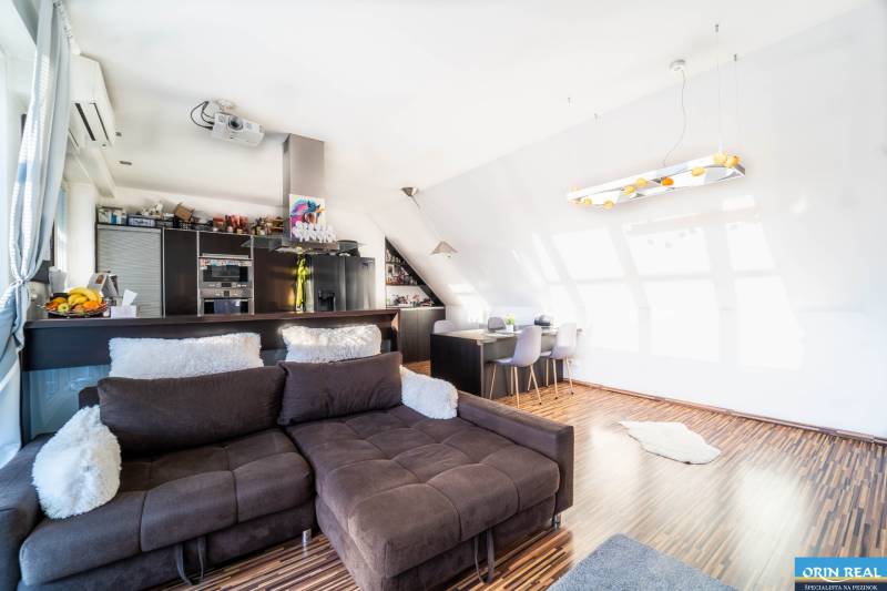 Living room with a kitchenette, sofa, and wooden floor decor, 2-room apartment.