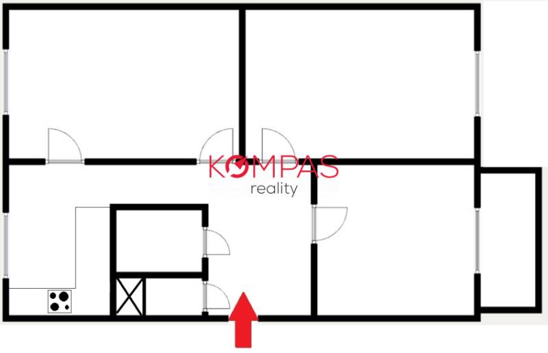 Floor plan of a 3-room apartment with a kitchen, bathroom, and three rooms.