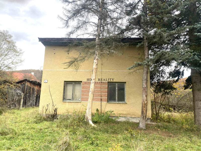 A family house in Rykynčice, surrounded by trees with a sloped plot and a wooden extension.