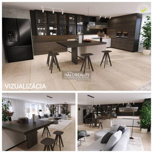 Visualization of the kitchen and living room in a family house with wooden elements and modern furniture.