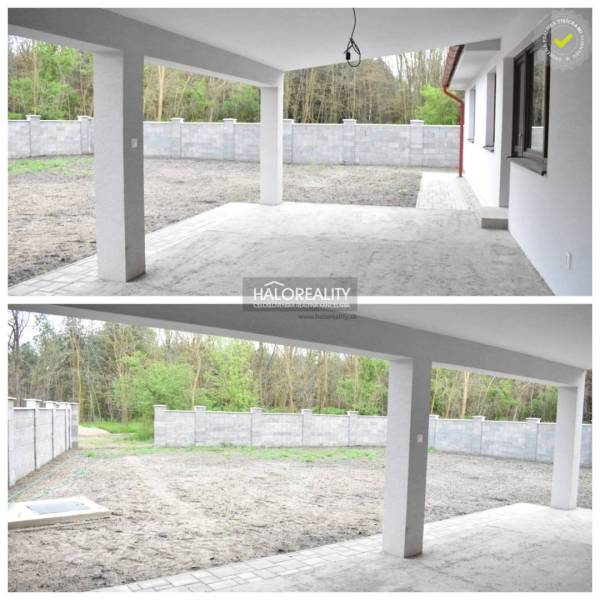 The terrace of a family house in Závod with a view of the fenced plot and greenery.