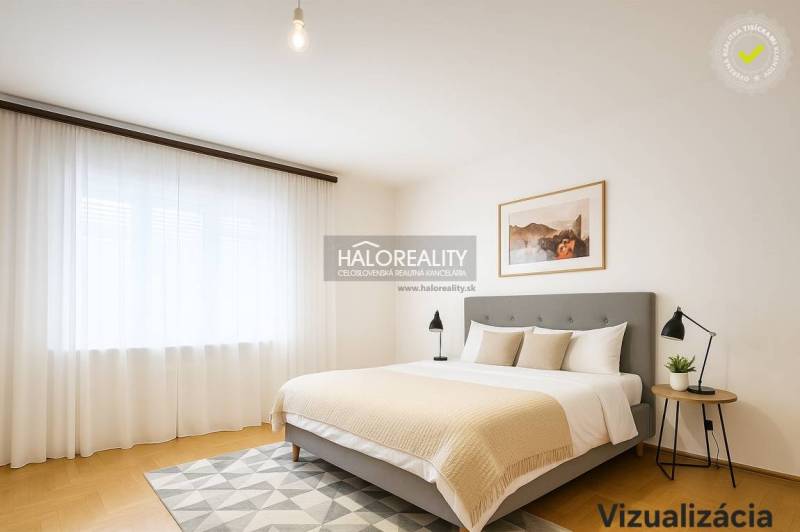 Bright bedroom with a double bed, nightstand, and curtains in a family house.