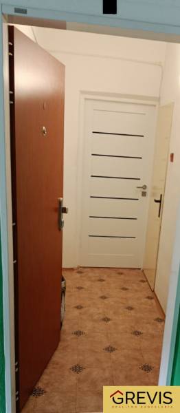 Entrance hallway of a one-room apartment with tiles and two doors.