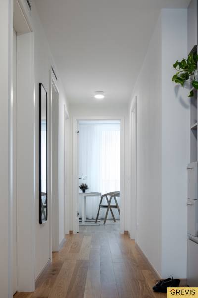 A bright hallway with a wooden decor floor leads to a room in a 3-room apartment.