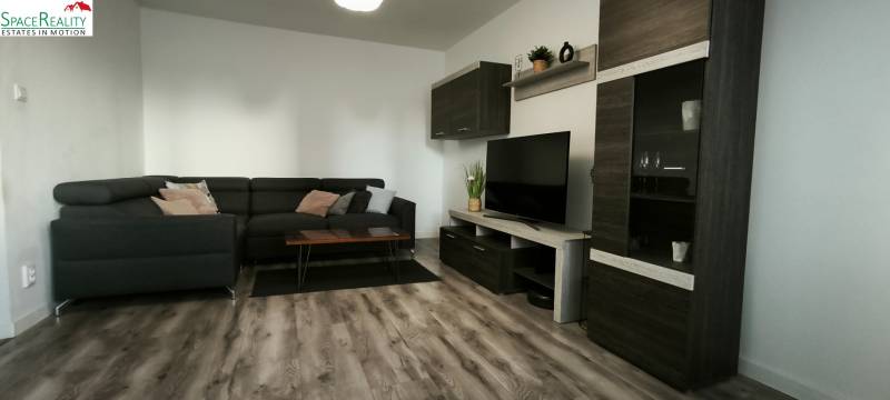 Living room with a dark sofa, TV, and wooden decor flooring in a 3-room apartment.