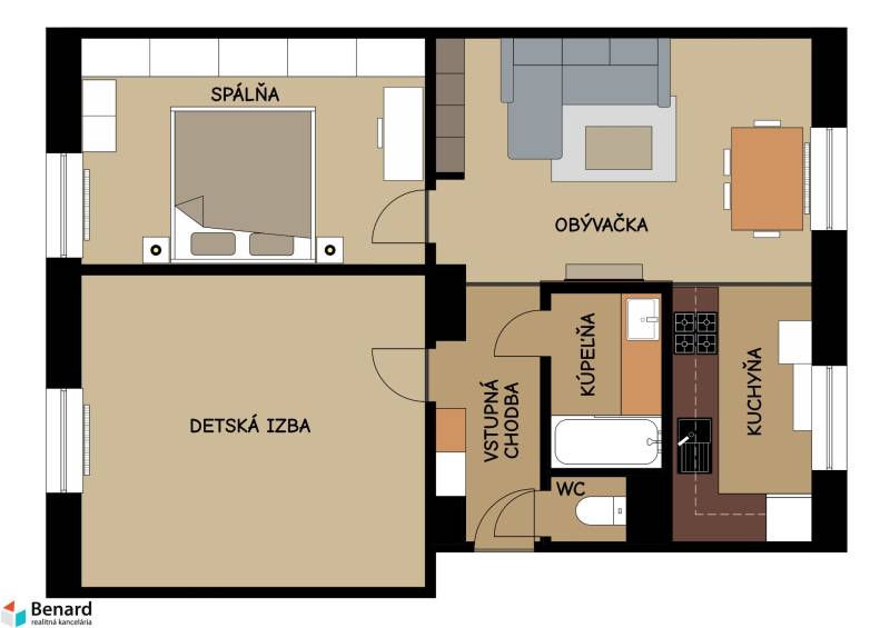 Floor plan of a 3-room apartment with a bedroom, children's room, and kitchen.