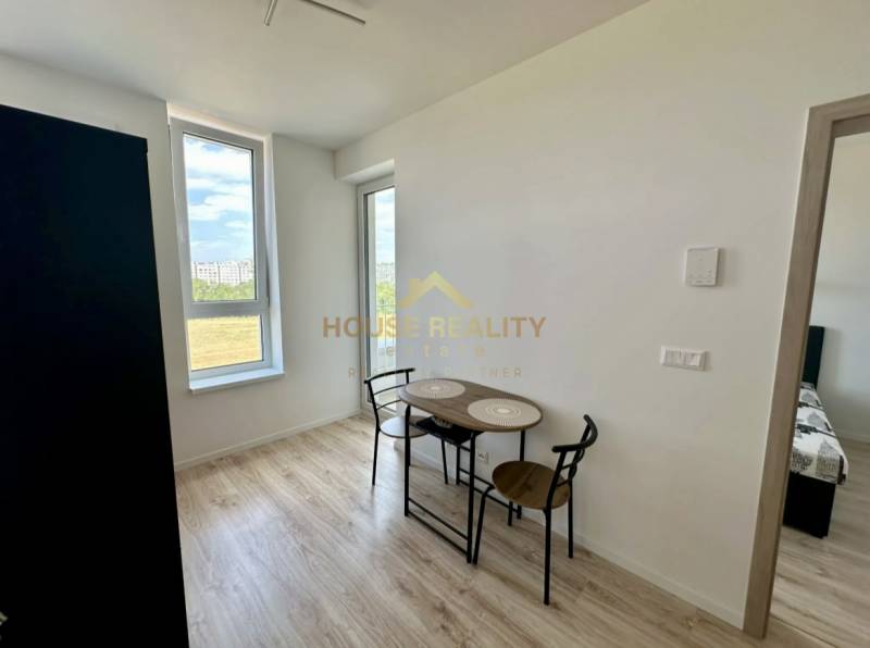 Dining area in a 2-room apartment with wood-patterned flooring and large windows.