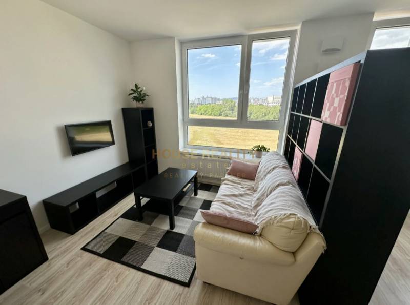Living room in a two-room apartment with a sofa, television, and wooden decor flooring.