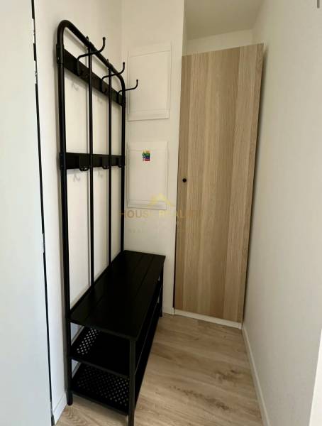 Hallway with a black coat rack, wardrobe, and wooden decor flooring in a 2-room apartment.