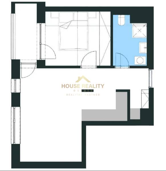 Floor plan of a 2-room apartment with a separate bedroom and bathroom.
