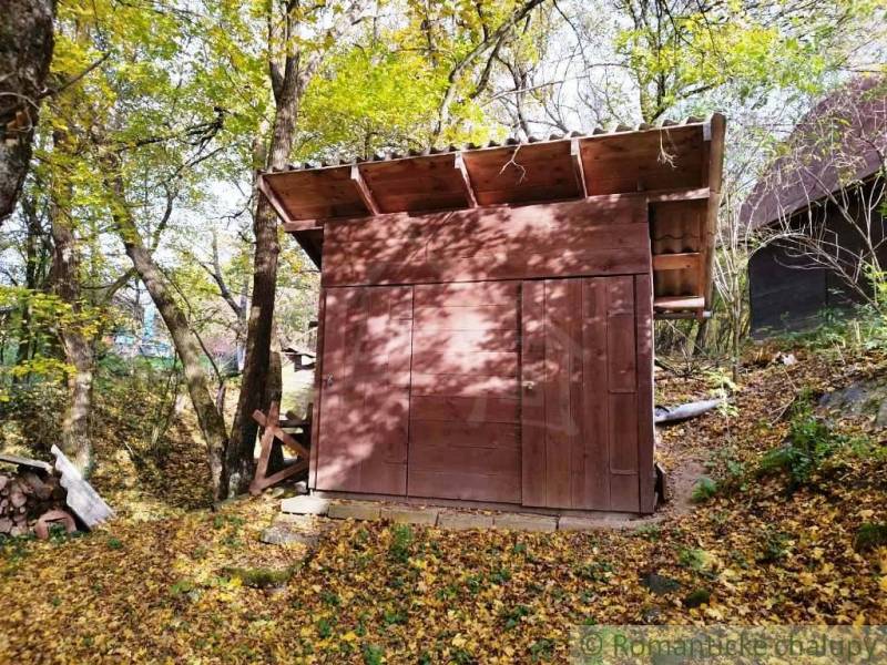 A small wooden cabin in the forest near Dudince, surrounded by autumn leaves.
