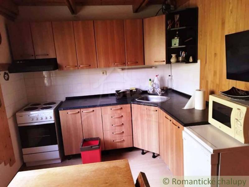 A kitchen in a cabin with a wooden decor floor, a stovetop, and a microwave.