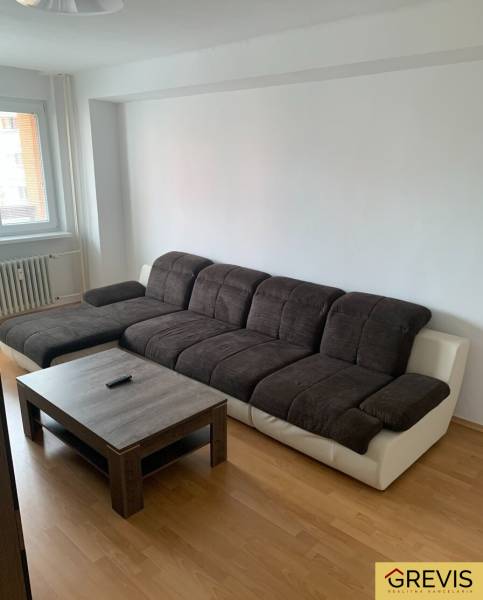A sofa and a coffee table on a floor with a wooden decor in a 2-room apartment.
