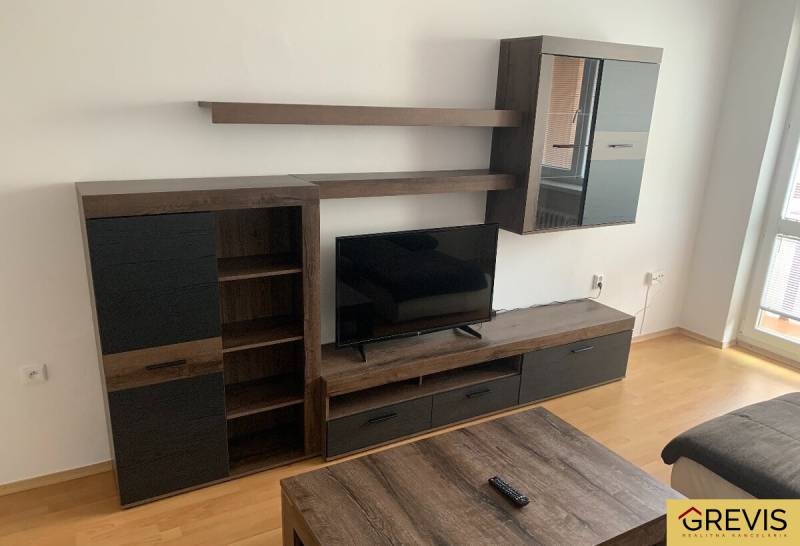 Living room wall unit with a television in a 2-room apartment, floor with wood decor.