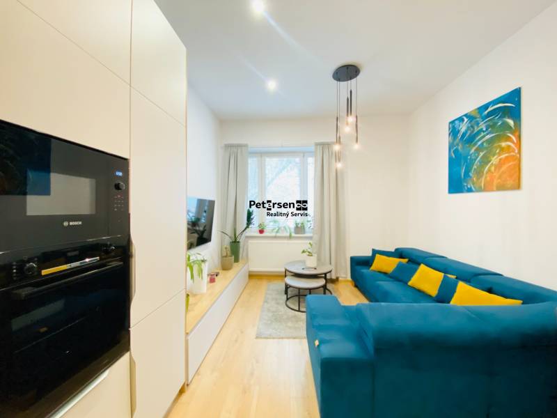 Living room with a blue sofa, colorful painting, and wooden decor flooring in a two-room apartment.