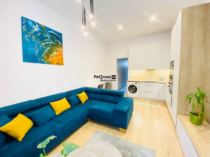 Living room of a two-room apartment with a blue sofa and a floor with a wood decor.