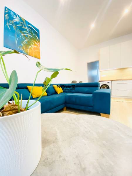 Living room in a two-room apartment with a sofa and an abstract painting on the wall.