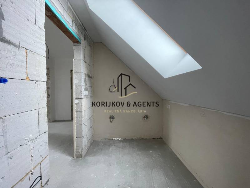 Attic room in a family house, with a skylight and unfinished walls.
