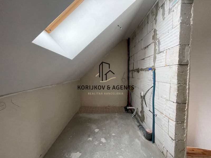 Attic space of a family house with a concrete floor and a skylight.