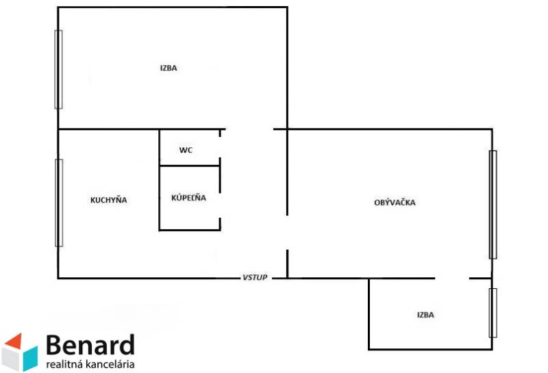 Floor plan of a 3-room apartment with a kitchen, bathroom, and toilet.