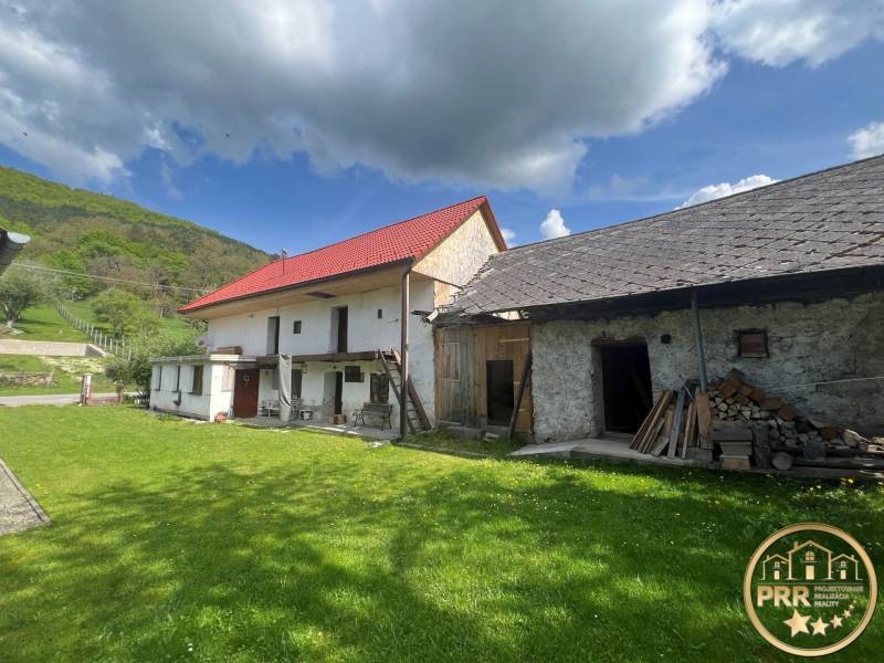 Countryside houses with red roofs, stony exterior, green lawn, forest, and blue sky.