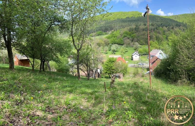 Beautiful natural scenery with a cottage, trees, and a picturesque village in the background of the valley.
