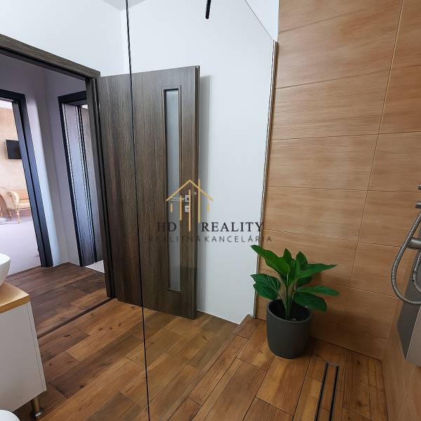 Interior with a shower, wooden decor flooring, and a plant in a 3-room apartment.