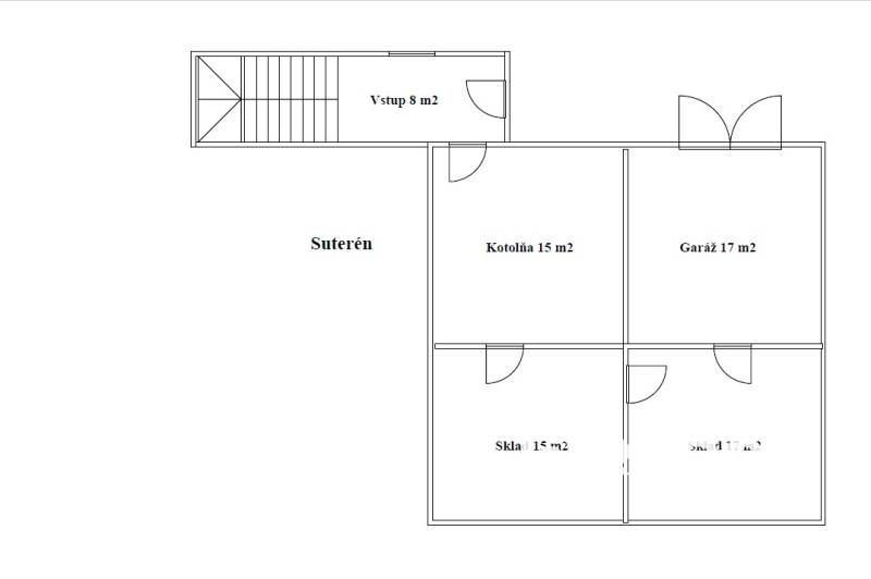Basement floor plan of a family house in Bolešov with a boiler room, garage, and storage.