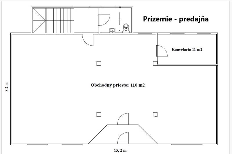 Ground floor layout with a commercial space and an office in a family house.