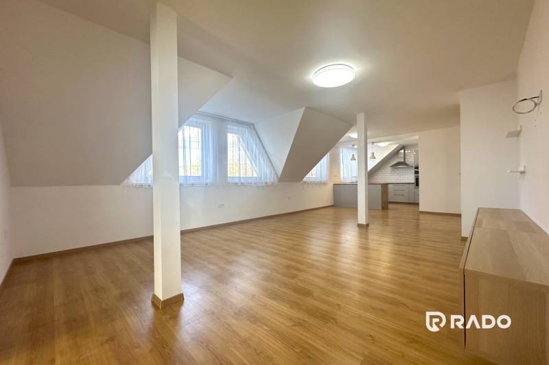 Attic space with a wooden floor decor and a kitchen, Family house.