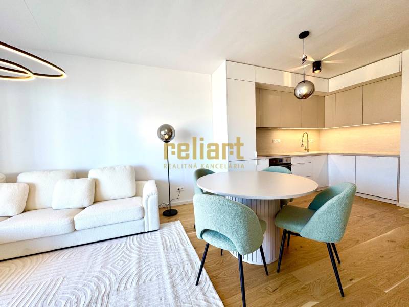 Bright living room with a kitchenette, wooden decor flooring, 2-room apartment.
