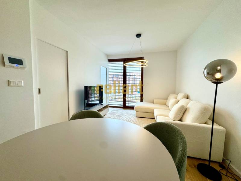 Living room in a two-room apartment with a comfortable sofa and a floor with a wooden decor.