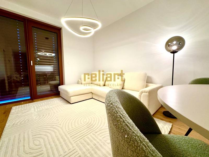 Living room in a two-room apartment with a wooden decor floor, a comfortable sofa, and lighting fixtures.