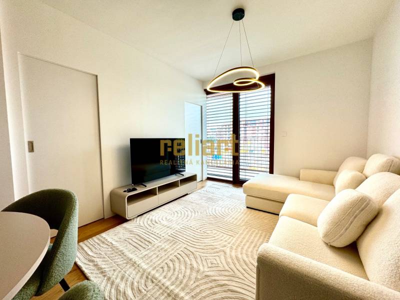 Living room in a two-room apartment with a sofa, television, and wooden decor flooring.