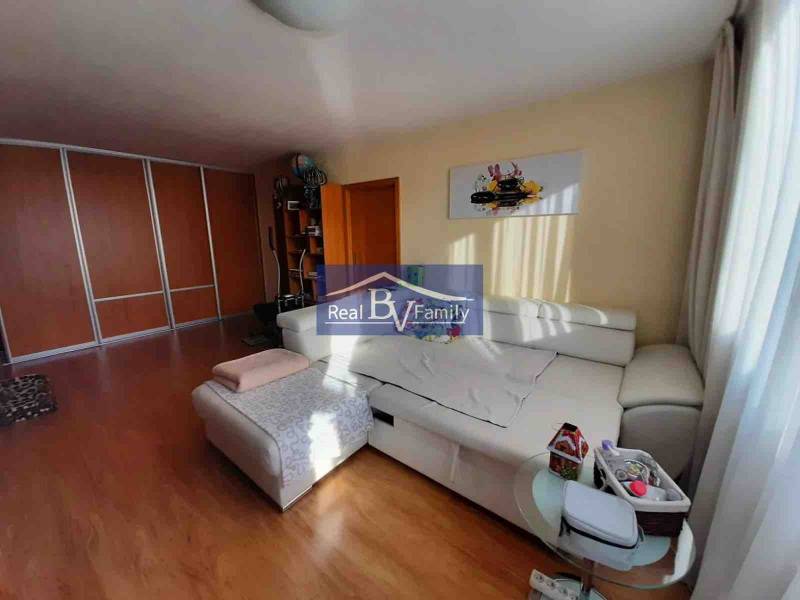 Bright living room in a two-room apartment with wood-patterned flooring and a white sofa.