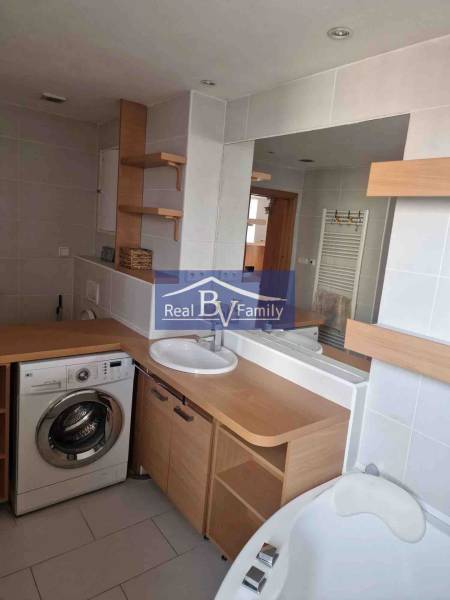 Bathroom in a 2-room apartment with a washing machine, sink, and bathtub, equipped with wooden decor.