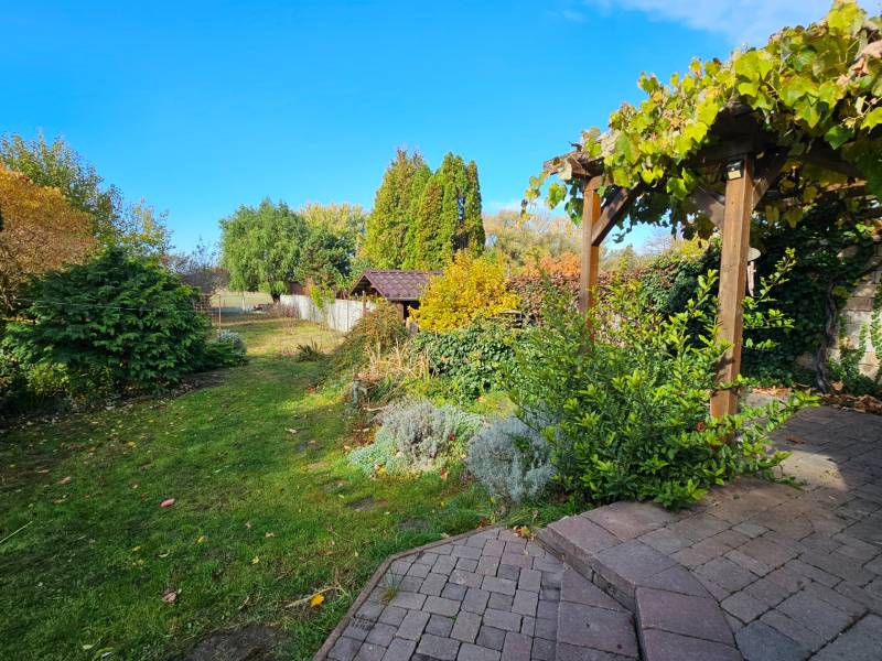 Garden at the family house on Štúrova Street in Vráble with plants and a gazebo.