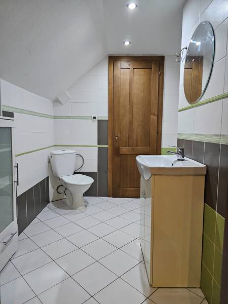 A bathroom with white and green tiles in a family house.