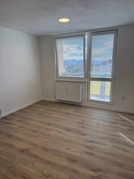 A studio apartment with a wood-patterned floor and a large window offering a view of the surroundings.
