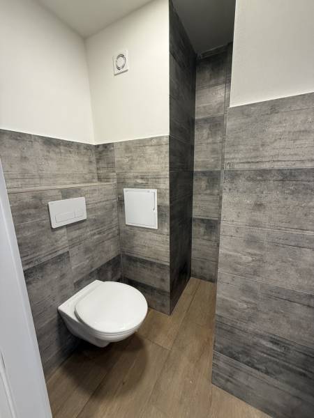 A bathroom in a studio apartment with a wooden decor floor and gray tiled walls.