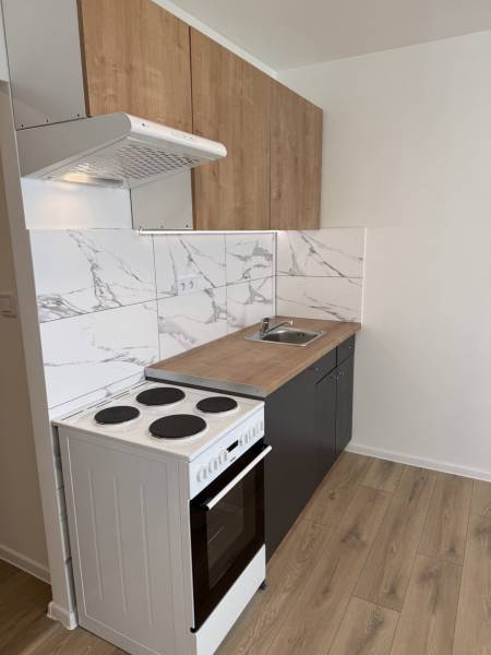 A kitchenette in a studio apartment with an electric stove and a floor with a wooden decor.