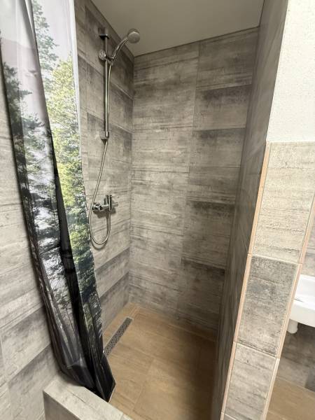 A shower corner with a forest motif in a studio apartment with a wooden decor floor.