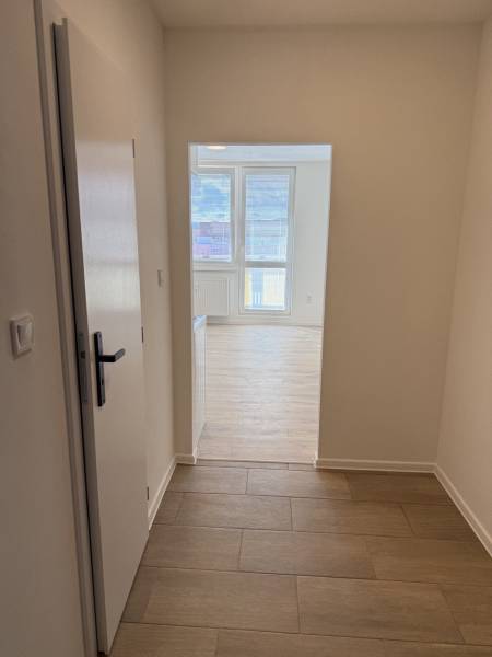 A studio apartment with wood-patterned flooring and large windows provides a bright interior.