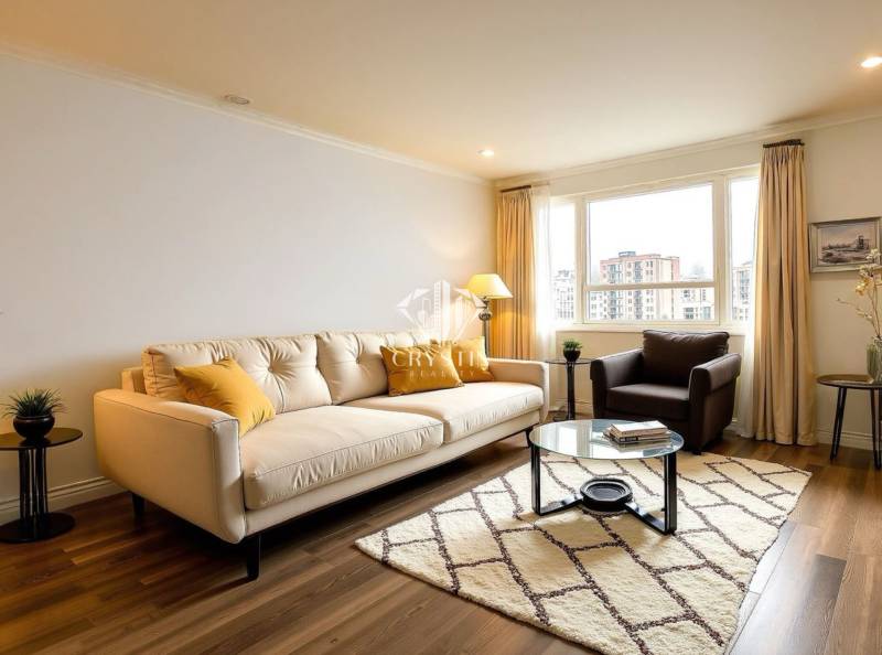 Bright living room with a sofa in a three-room apartment, wooden decor flooring, large window.