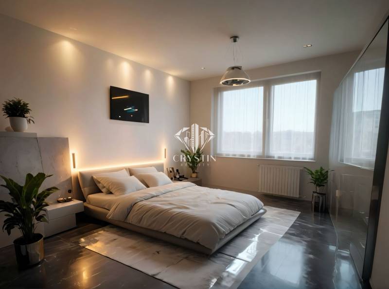 Bedroom with wood-patterned flooring, large bed, plants, and recessed lighting.