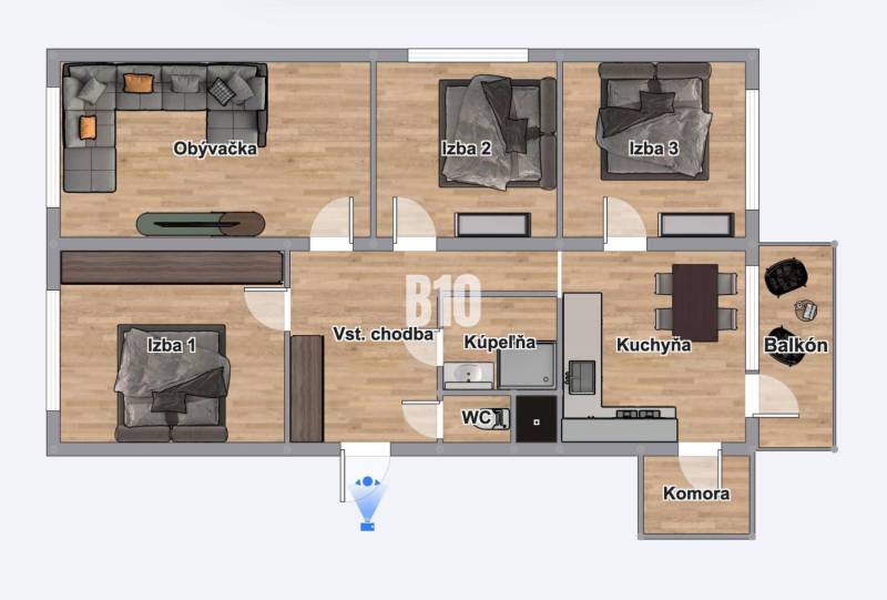 Floor plan of a 4-room apartment with a living room, kitchen, and two bathrooms.